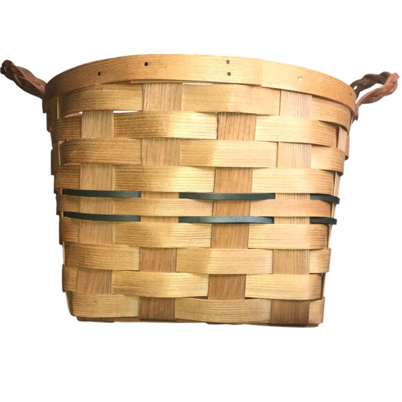 Large Handmade PETERBORO BASKET CO Amish Basket, Wood w/ Leather Braided Handles - Picture 5 of 13